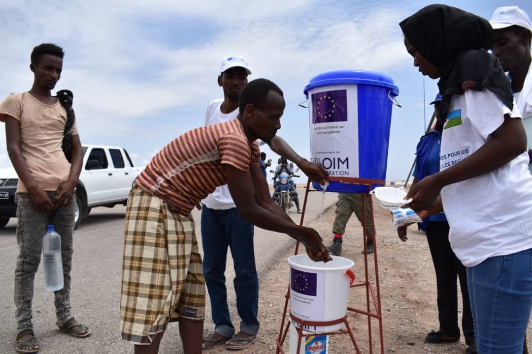 IOM erected hand-washing stations on the main access ways to Obock, an important transit point for migrants in Djibouti. ©IOM